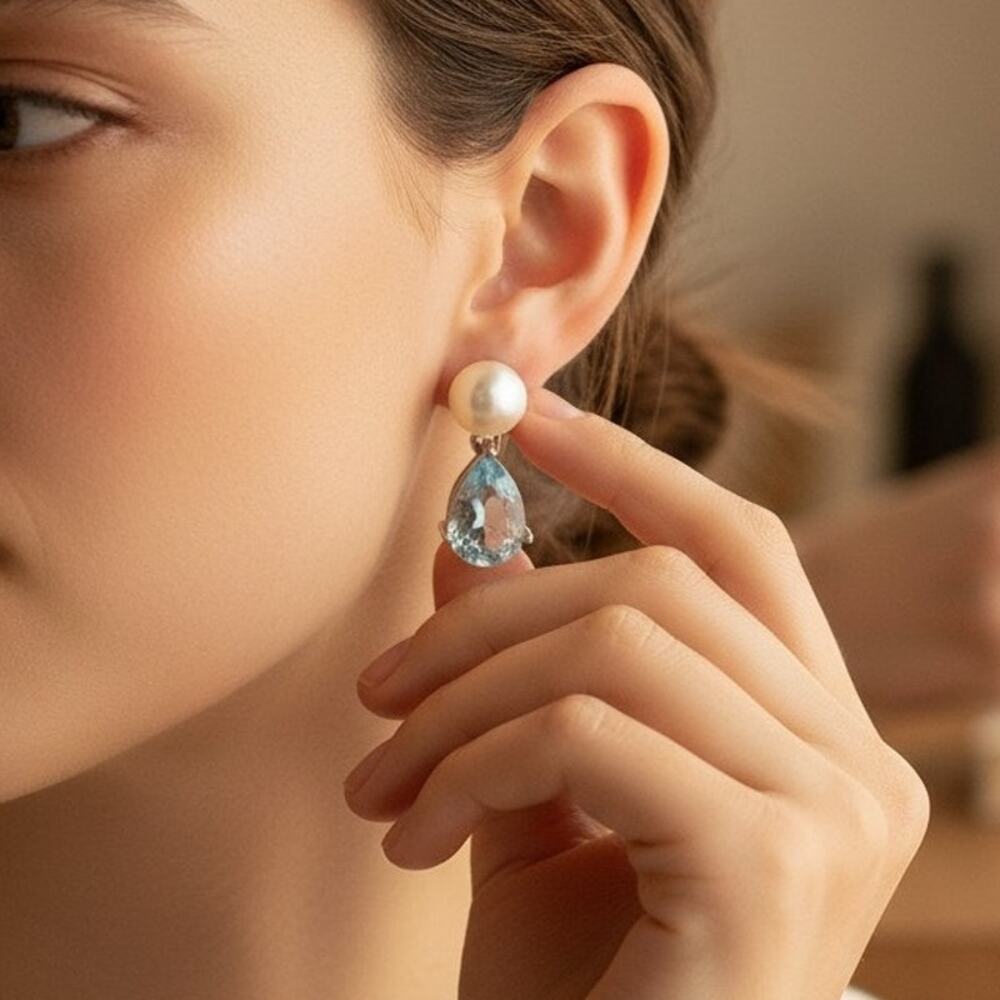 IPS Imperial Pearl Syndicate 14K White Gold Pearl Blue Gem Drop Earrings Bridal